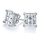 Bling Jewelry Sterling Silver Basket Set Square Invisible Cut CZ Men Unisex Stud Earrings -.75ct 5mm