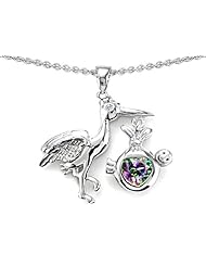 Original Star K (tm) New Baby Stork Mother Pendant with Heart Shape Mystic Rainbow Topaz in .925 Sterling Silver
