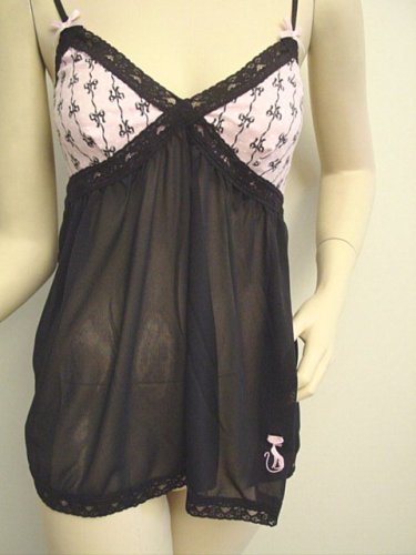 French Kitty Diva Baby Doll Night Gown Panty Set Sheer Black with Black Lace and Pink Bow - Sexy French Style Lingerie from French Kitty