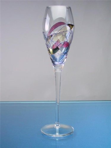 Set Of Four MILANO Romanian Crystal CHAMPAGNE FLUTE Cobalt Blue Stained Glass Design GLASSWARE
