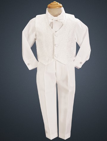 White Boys Embroidered Jacquard Christening Baptism or Wedding Vest Set