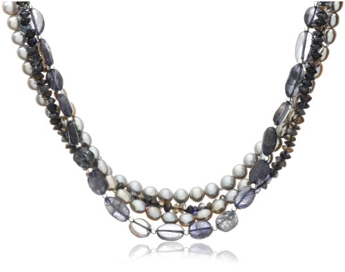 Sterling Silver Dyed Grey Freshwater Cultured Pearl and Iolite 4-Strand Necklace, 16″