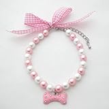 PetFavorites(TM) Couture Designer Fancy Diamond Pet Cat Dog Necklace Jewelry with Bling Pearls Rhinestones Bone Charm for Pets Cats Small Dogs Female Puppy Chihuahua Yorkie Girl Costume Outfits, Pink and White, Adjustable and Handmade (Pink, Neck Size: 8")
