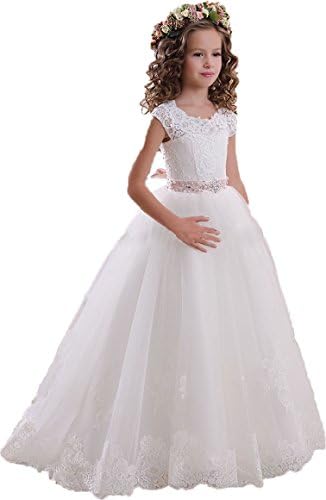 DressHome Scoop Lace Flower Girls Dresses Belt Floor Length Girls First Communion Dress (12, Ivory Pink)
