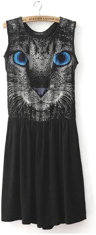 Women Black Cat Printing Sleeveless Long Top Dress SIZE S