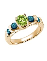 1.78 Ct Round Green Peridot Blue Diamond 14K Yellow Gold Ring