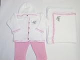 Cpk673bk, Knitted on Hand Knitting Machine White Cotton Trimmed By Hand Crochet with Raspberry Cotton Cardigan Pant Hat for Infant Girls with Matching 31x45 Blanket Trimmed with Sequin Butterfly