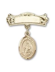 14K Gold Baby Badge with St. Agnes of Rome Charm and Arched Polished Badge Pin