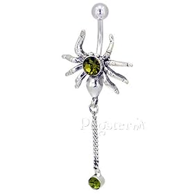 Pugster Green Crystal Spider With Dangling Web Dangle Belly Ring by Dangling Steel Belly Rings