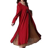 Linyuan 特大の Women's 2Pcs Long Sleeve Cotton & Linen Casual Long スカート Dress
