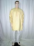Mens Bollywood Yoga Cream Yellow Handloom Cotton Indian Kurta Pajama 38 Inch