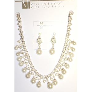 Click here to buy Genuine Silver Plated Short Chain with Crystals and Hanging White Pearls Necklace Earrings for... by Gita.