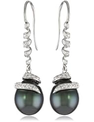 14k White Gold 9-9.5mm Tahitian Cultured Pearl and Diamond Shepard Hook Earrings (0.2 cttw, G-H Color, I1-I2 Clarity)