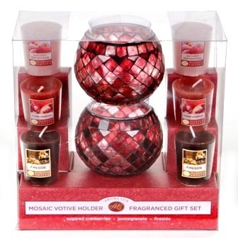 Two Red Glass Mosaic Candle Holders & Six Scented Votive Candles in Cranberry, Pomegranate & Fireside - Great Valentines Day Decor & Gift Idea