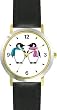 Two Penguins in Colorful Scarfs - Penguin Cartoon - JP - WATCHBUDDY&reg; DELUXE TWO-TONE THEME WATCH - Arabic Numbers - Black Leather Strap-Size-Women's Size-Small