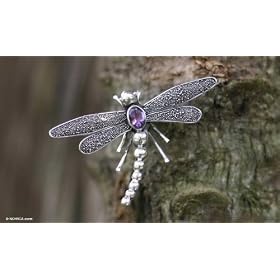 Amethyst brooch, 'Enchanted Dragonfly' by NOVICA
