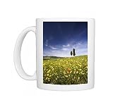 Field of poppies and oil seed with two cypress trees on brow of hill, near Photo Mugs