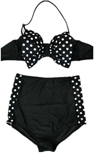 Retro Polka Dot Bow Bandeau Top High Waisted Swimsuit(FBA)