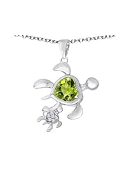Original Star K (tm) Good Luck Mother and Child Turtle Pendant with Heart Shape Simulated Peridot in 925 Sterling Silver