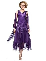 Plus Size V-neck Tea Length Sleeveless Chiffon/Polyester Beaded Wrap Embroidered Fitted Mother-of-the-Bride Dress 