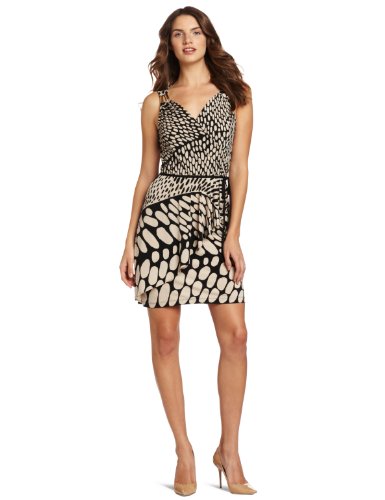 Donna Morgan Women's Mock Wrap Elastic Waist Dress With Gold Hardware AT Shoulders, Black, 16