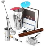 Cocktail Starter Pack by BAR@drinkstuff | Cocktail Set with Professional Boston Cocktail Shaker, Ultimate Bar Book, Muddler, Hawthorne Cocktail Strainer, Bar Knife, Twisted Mixing Spoon, Stainless Steel Pourer, 24x Cocktail Umbrellas & Jigger Measure