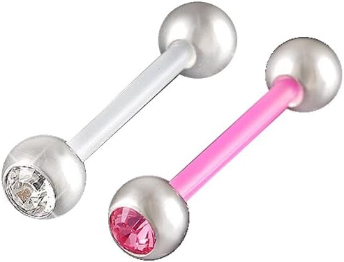 tongue rings crystal flexible awesome 14g 14 gauge 1.6mm , 5/8 inch 16mm long - Acrylic bars tounge nipple barbell balls with Swarovski Clear and Light Rose Jewellery ANDF - Pierced Body Piercing Jewelry- Set of 2