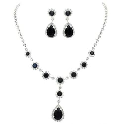 Jet Black Crystal Drop Necklace and Earrings Set Fashion Jewelry
