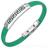 New Green Rubber Bracelet with Stainless Steel Greek Key Design, Length 22cms.