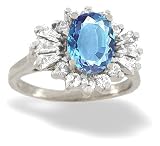 14K White Gold Genuine Oval Blue Topaz and Diamond Ring