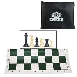 Tournament Style Chess Set - Plastic Staunton Chess Pieces - Heavy Weighted with 3 3/4" King and a Black Canvas Zip Bag for Pieces - Includes Green Tournament Roll-up Chessboard with 2.25 Inch Square