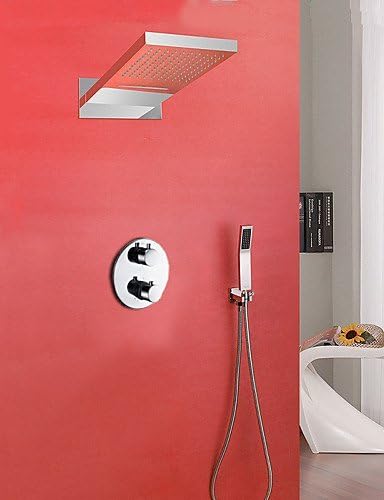 Modern Thermostatic Shower Faucet Set 23 inch Rainfall Brass Shower Head W/ Hand Shower Chrome Polish