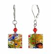 Earrings - E425 - Millefiore Squares + Swarovski (tm) Crystal Beads ~ Clear with Multi Flowers