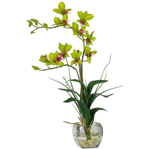 Dendrobium w/Glass Vase Silk Flower Arrangement – Green