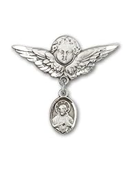 Sterling Silver Baby Badge with Scapular Charm and Angel with Wings Badge Pin