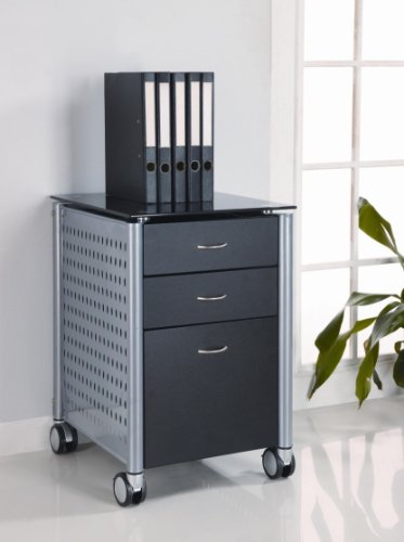 Innovex Black Glass Top 3 Drawer Mobile Metal File Cabinet in Granite Black