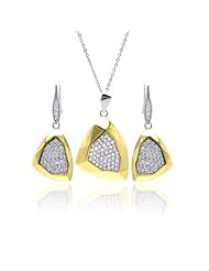 Nickel Free Sterling Silver Necklace & Earring Sets 4 Toned 14K Gold Plated Triangle Shape CZ Set Necklace Length: 34.2mm Width: 25mm Stones: Cubic Zerconia Weight: 9.3Grams Adjustable Chain Included Earrings Length: 23.4mm Width: 16mm Stones: Cubic Zerconia Weight: 7.9Grams