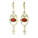 14K Gold Fire Opal, Diamond & Pearl Dunlop Earrings, MADE IN AMERICA