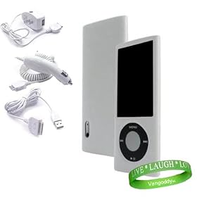 Apple Ipod Nano 8 GB / 16 GB 5th Generation 5G ( Newest Version ) White Silicone Skin Case cover + Ipod Nano 5G Car Charger + Ipod Nano 5G Wall / Travel Charger + Ipod Nano 5G Data Cable + Vangoddy TM, Live*Laugh*Love wrist band!!!
