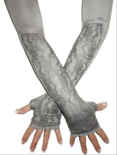 Extra Long Grey Modal Spandex Fingerless Gloves Lace Cuffs Arm Warmers