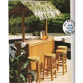 Tropical Tiki Bar With Stools Natural Finish by DF Wicker Rattan