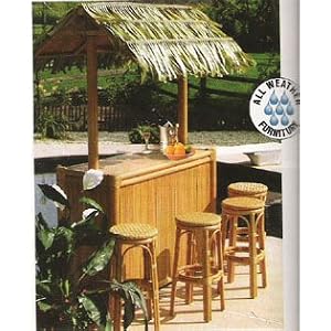 Tropical Tiki Bar With Stools Natural Finish by DF Wicker Rattan