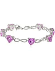 Sterling Silver Heart Shape Created Pink Sapphire Diamond Bracelet