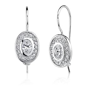 A glittering Affair: Sterling Silver Oval Medallion French-wire Earrings with Bezel set Oval CZ Diamonds