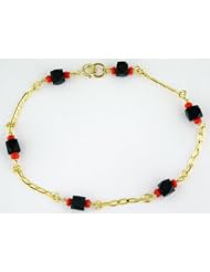 Baby Child 14k Gold Black Jet Ball & Coral Azabache Cuban/latin Bracelet 6"