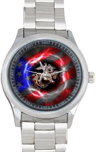 USMC United States Marine Corps Logo and American Flag Custom Men's Stainless Steel Watch, Sliver Metal Case, Tempered Glass, Leather Band