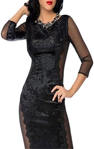 Sanbay Womens Black Velvet Dress - Seven Mesh Sleeves Slim Dress