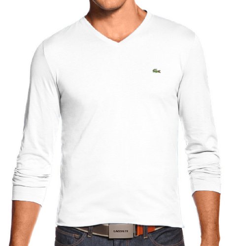 Lacoste Men's Long Sleeve Pima Jersey V-Neck T-Shirt-White-XL