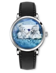 SPRAWL Aanalog Fashion Series Silver Ladies Watches of Genuine Black Leather Strap,Unique Wrist Watch for Women Girls Designed with Cute couple of bears