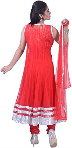 Crimson Red Net Embroidered Party and Festival Anarkali Kameez in Medium Size